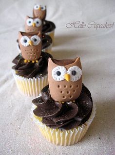 three cupcakes decorated with chocolate frosting and an owl figurine