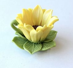 a yellow flower sitting on top of green leaves