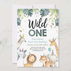 the wild one birthday party card features animals and jungle leaves, including giraffes