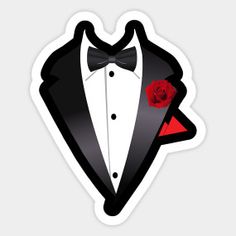 a black tuxedo with a red rose in its lapel