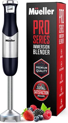 the mueller pro series immersion blender is next to some berries and raspberries