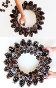 pine cones are arranged in the shape of a wreath with hands reaching for them to grab one