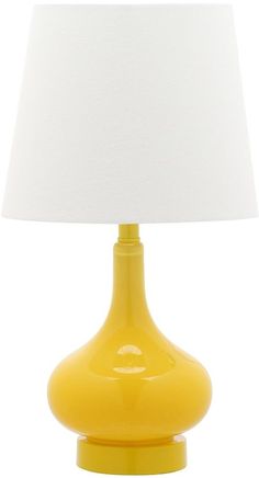 a yellow table lamp with a white shade on the top and bottom part of it