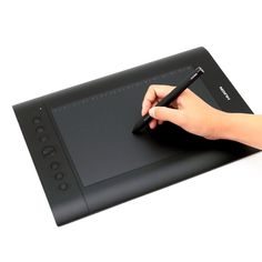 a person writing on a tablet with a pen in their hand and an image of the screen