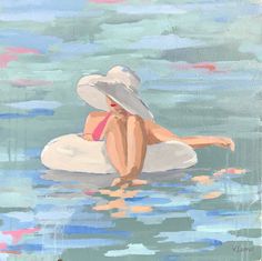 a painting of a woman sitting on an inflatable floater with her legs spread out