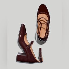 Nib Double-Buckle Mary Janes Patent Leather, Color Is Wine, Burgundy Yellow Heeled Sandals, Madewell Sandals, Rich Girl Fashion, The Love Witch, Stacked Heel Sandal, French Street Fashion, Double Strap Sandals, Xmas Sale, French Street