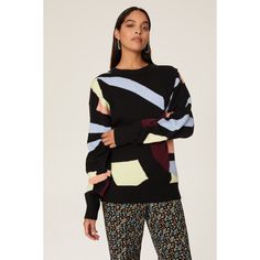 Black abstract knit (68% Wool, 32% Nylon). Sweater. Crew neck. Long sleeves. Pull-on. 25.5" from shoulder to hemline. Imported. Multicolor Long Sleeve Sweater With Geometric Pattern, Multicolor Printed Long Sleeve Sweater, Abstract Sweater Knit, Abstract Sweater, Ring Handle Bag, Fitted Multicolor Jacquard Knit Sweater, Abstract Jacquard Sweater, See By Chloe, Rent The Runway