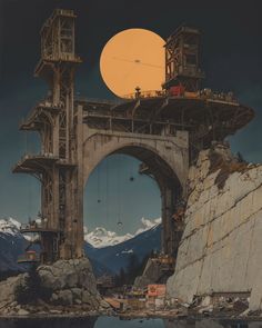 an image of a bridge under construction with mountains in the background and a full moon