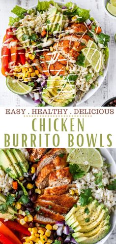 two plates filled with chicken burrito bowls and topped with avocado wedges