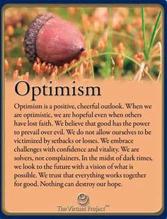 an orange and blue card with the words, optimism in front of it