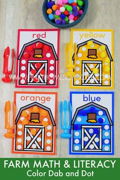 farm math and literacy game for toddlers to practice color, number recognition in the classroom