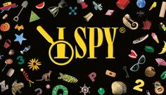 the words spy surrounded by many different types of objects in yellow and green on a black background