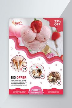 a flyer for an ice cream shop with two scoops of ice cream and a strawberry on top