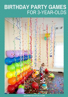 an image of a birthday party with balloons and streamers on the wall, and a photo of a child sitting in front of it