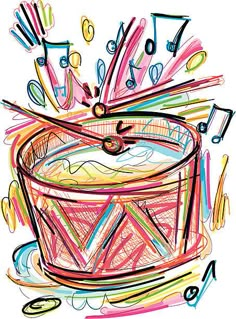 a drawing of a drum with musical notes coming out of it