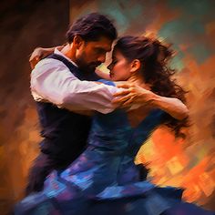 a man and woman dance together in an artistic painting style, the image appears to be blurry