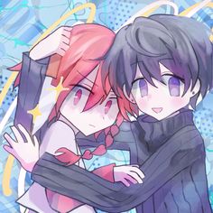 two anime characters hugging each other in front of blue and white background with stars on it