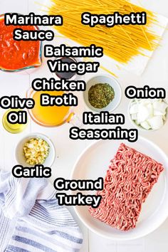 the ingredients for marinara sauce on a white plate with text overlay that says marinara sauce, spaghetti, balsamic vinegar, chicken, olive, broth, oil, italian seasoning