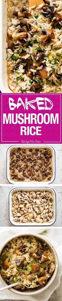 an advertisement for mushroom rice with three different stages to make it in the same dish