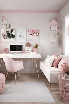 a pink and white home office with lots of decor on the walls, desks and chairs