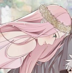 a girl with long pink hair wearing a tiara and holding her head back to the camera