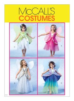 the children's costume pattern is shown in four different styles, including fairy wings and dress