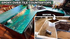 before and after photos of an epoxy over tile countertop being installed in a kitchen