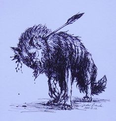 a black and white drawing of a furry animal