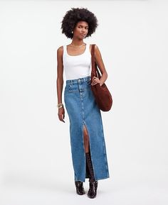 Denim Western Maxi Skirt in Emario Wash | Madewell Denim Skirt With Cowboy Boots, Skirt With Cowboy Boots, Skirts Denim, Denim Skirt Outfits, Wardrobe Wishlist, Long Denim Skirt, 2024 Style, Community Development, Denim Skirts