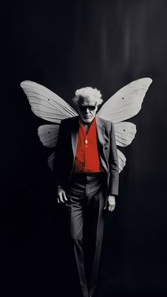 a man in a suit and red shirt with wings on his back, standing against a black background