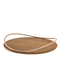 an oval wooden tray with metal handles on white background for use as a serving platter