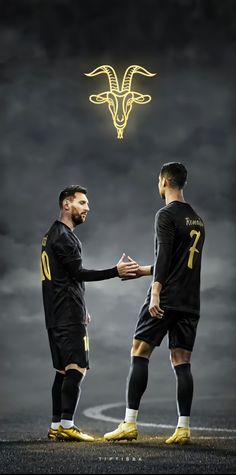 two soccer players shake hands in front of a goat head on a black and white background