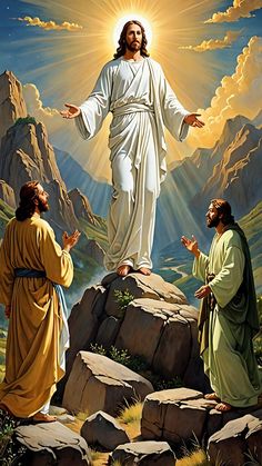 jesus standing on top of a mountain with two other men in front of him and holding his hands out