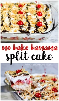 no bake banana split cake with cherries on top and the words, no bake banana split cake