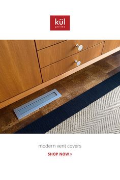 kul grilles brushed chrome floor vent cover on carpet complements the chrome hand pulls on a mid century modern credenza Modern Kitchen Hardware, Wall Vent Covers, Floor Vent, Floor Vent Covers, Dining Room Renovation, Modern Minimalist Kitchen, House Renovation Projects, Wall Vents, Floor Vents