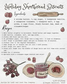 the recipe for holiday shortbread biscuits is shown in this hand drawn illustration