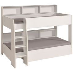 a white bunk bed with two drawers and a ladder on the bottom level, in front of a white background