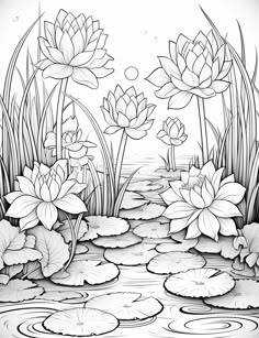 black and white drawing of water lilies in the pond with lily pads on the ground