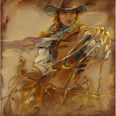 a painting of a woman wearing a cowboy hat and holding a lasso