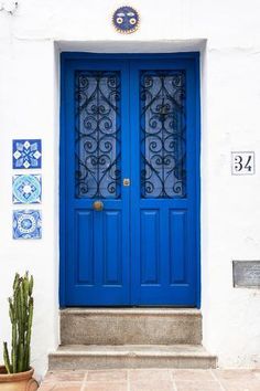 a blue door with decorative tiles on the wall behind it and a cactus next to it