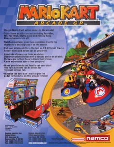 the back cover of mario kart arcade go, with an image of mario's racing