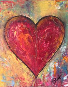 a painting of a red heart on a yellow and pink background with the word love written below it