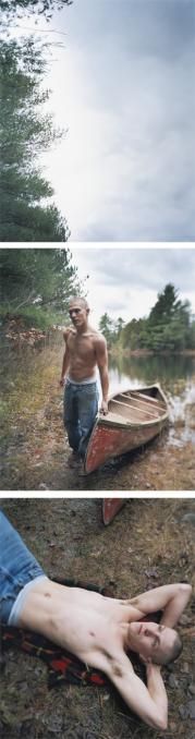 two pictures of a person laying on the ground next to a boat