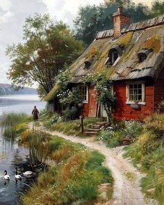 a painting of a house by the water with ducks in front of it and a man walking on the path