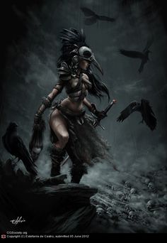 a woman dressed as a native american warrior with two crows