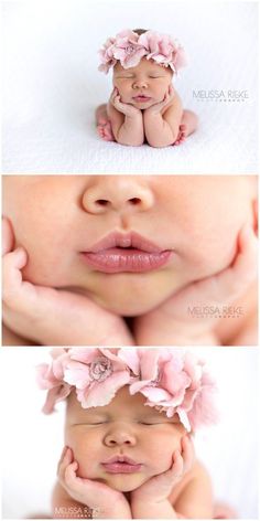 three photos of a baby with pink flowers on her head and the same photo as it is