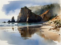 a watercolor painting of the beach and cliffs