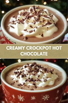 two pictures of hot chocolate with whipped cream