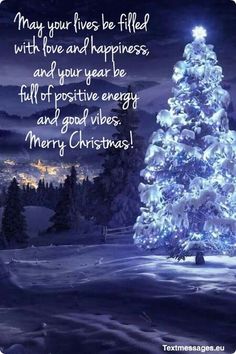 a blue christmas tree with lights on it and a quote from the poem merry christmas