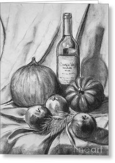 a black and white drawing of apples, pumpkins and wine bottle on a cloth